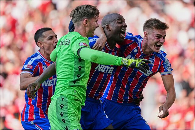 Crystal Palace players celebrate after winning in penalty shootout during the FA Community Shield.