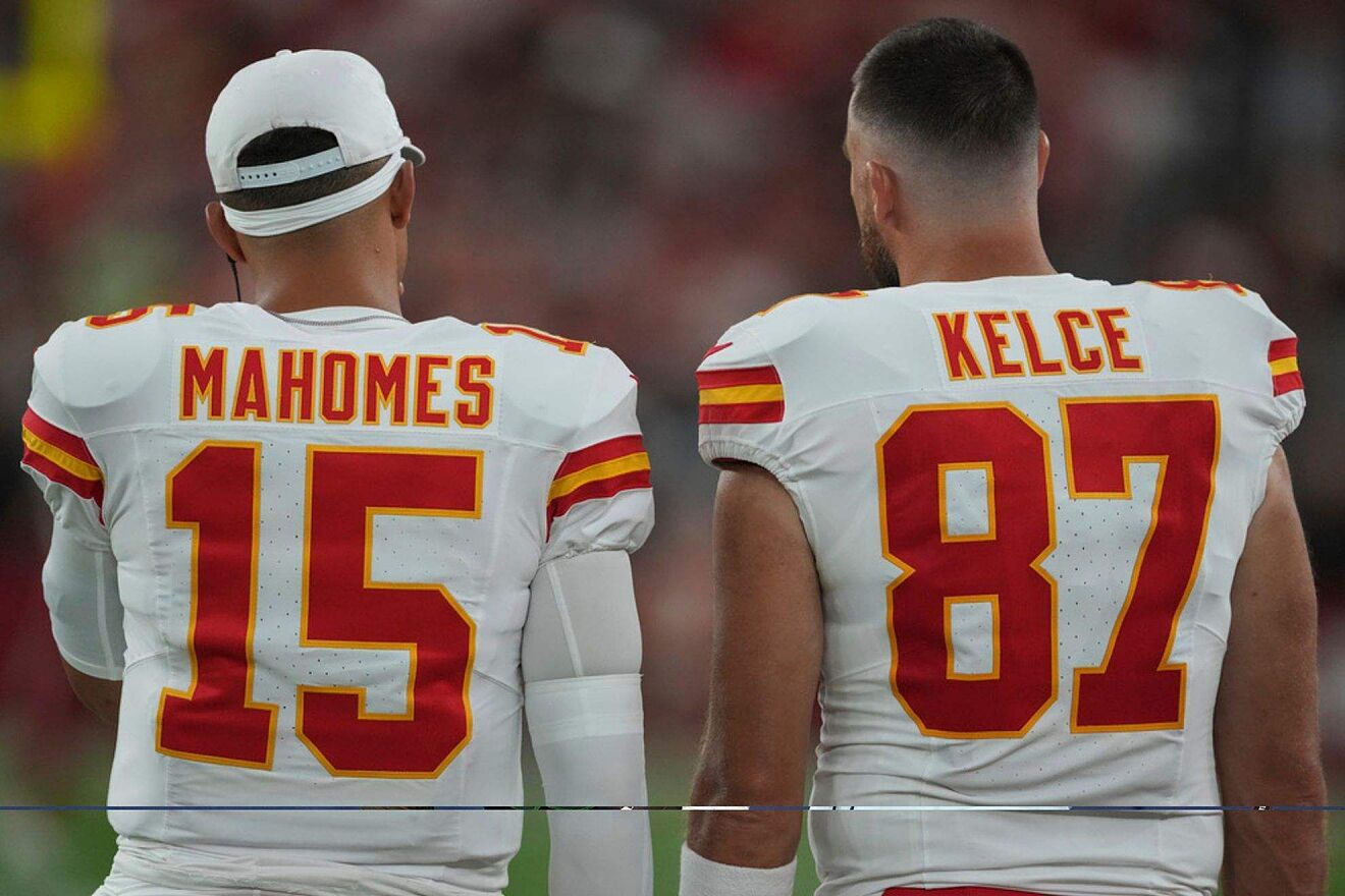 Chiefs Patrick Mahomes roasts Travis Kelce for an old post on social...