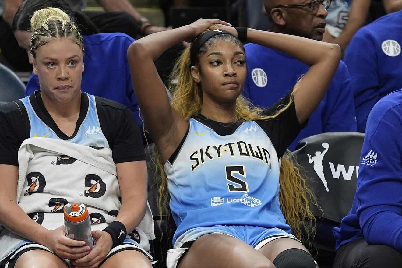 Chicago Sky forward Angel Reese (5) sits on the bench during the WNBA...